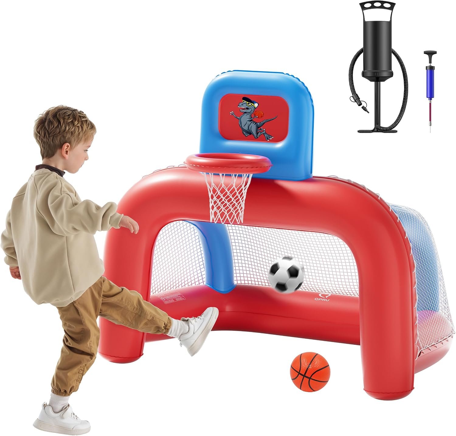 QPAU Kids Basketball Hoop, 2 in 1 Inflatable Soccer Goal Set