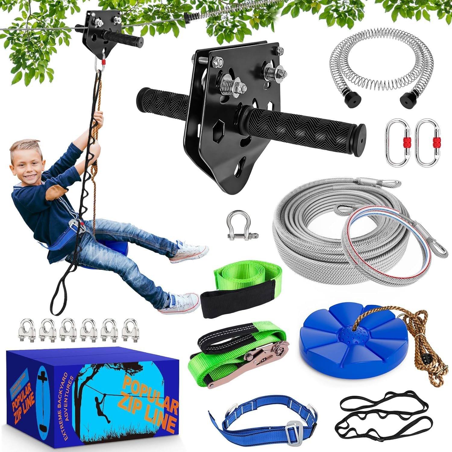 X XBEN Zip line Kit for Kids and Adults Outdoor: Up to 500Lbs – 80FT | Quick Tighten Zipline for Backyard with Removable Trolley Swing Seat Spring Brake Ratchet Strap, Gift Package