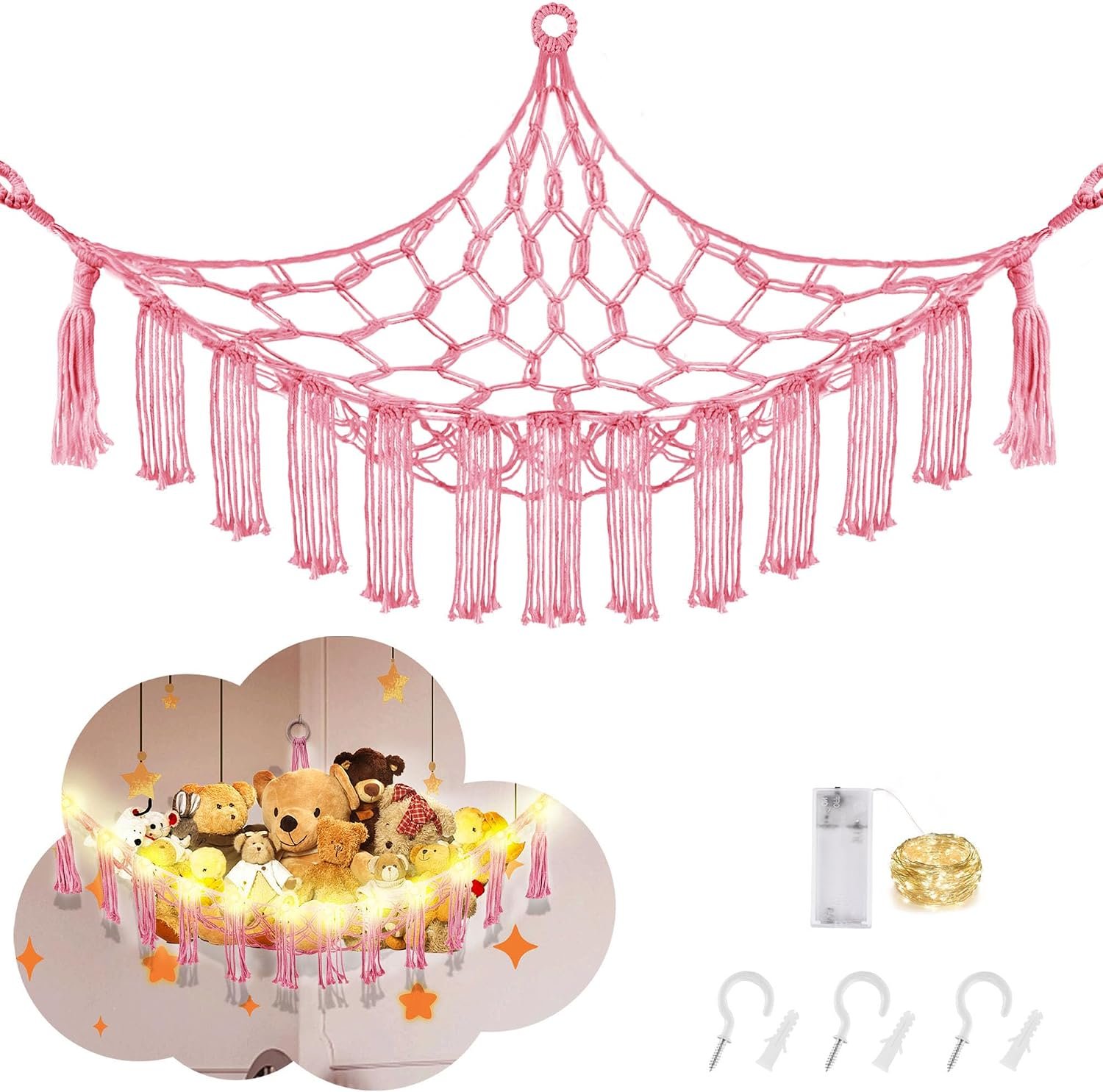 CERETIA Stuffed Animal Hammock Large Corner Plushie Net Storage, Pink | With LED Light, Large Stuffed Animals Storage for Kids Room Decor