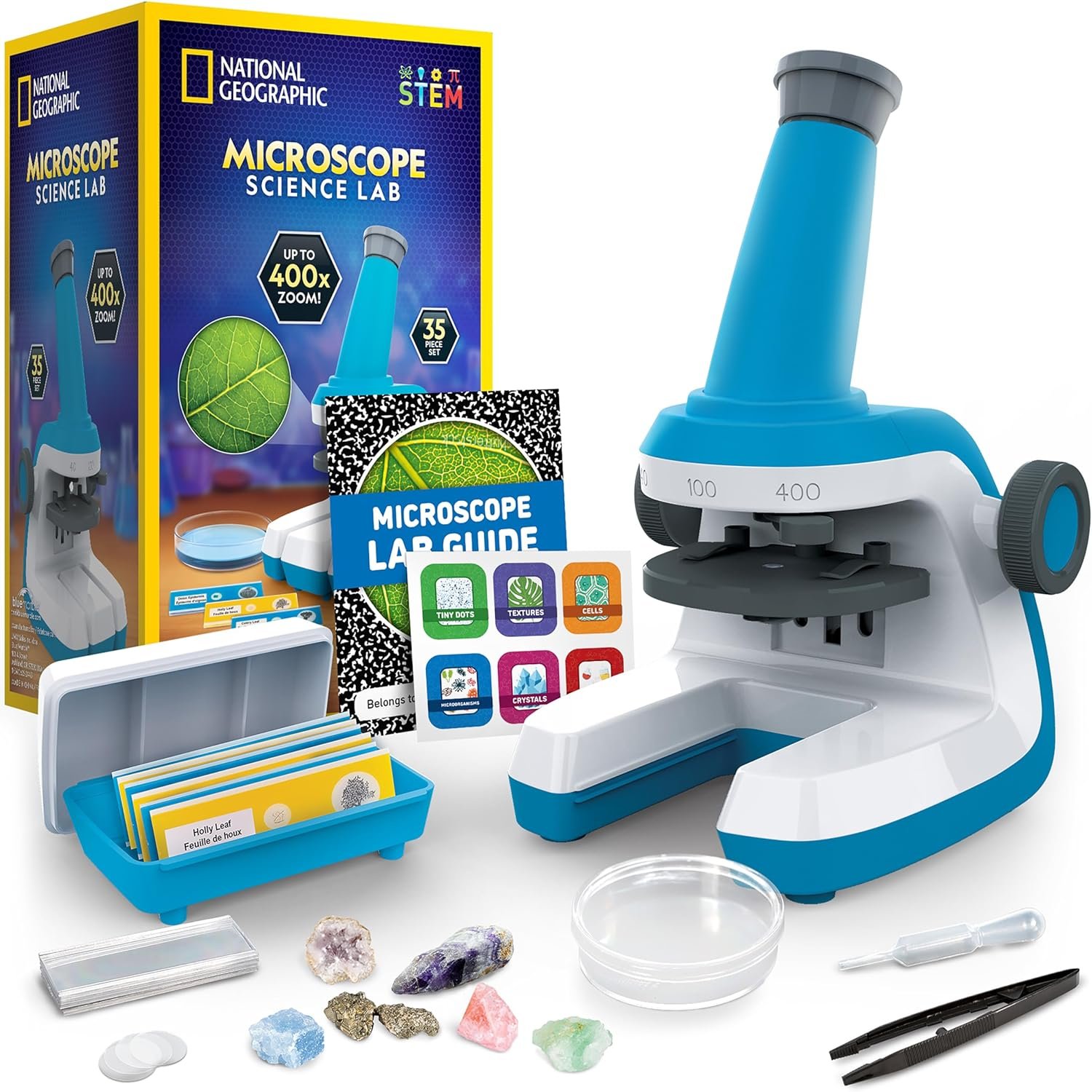 National Geographic Microscope for Kids with Up to 400x Magnification | Prepared and Blank Slides, Rock and Mineral Specimens, Easy-to-Use Science Kit, STEM Project Toy, Ages 6+