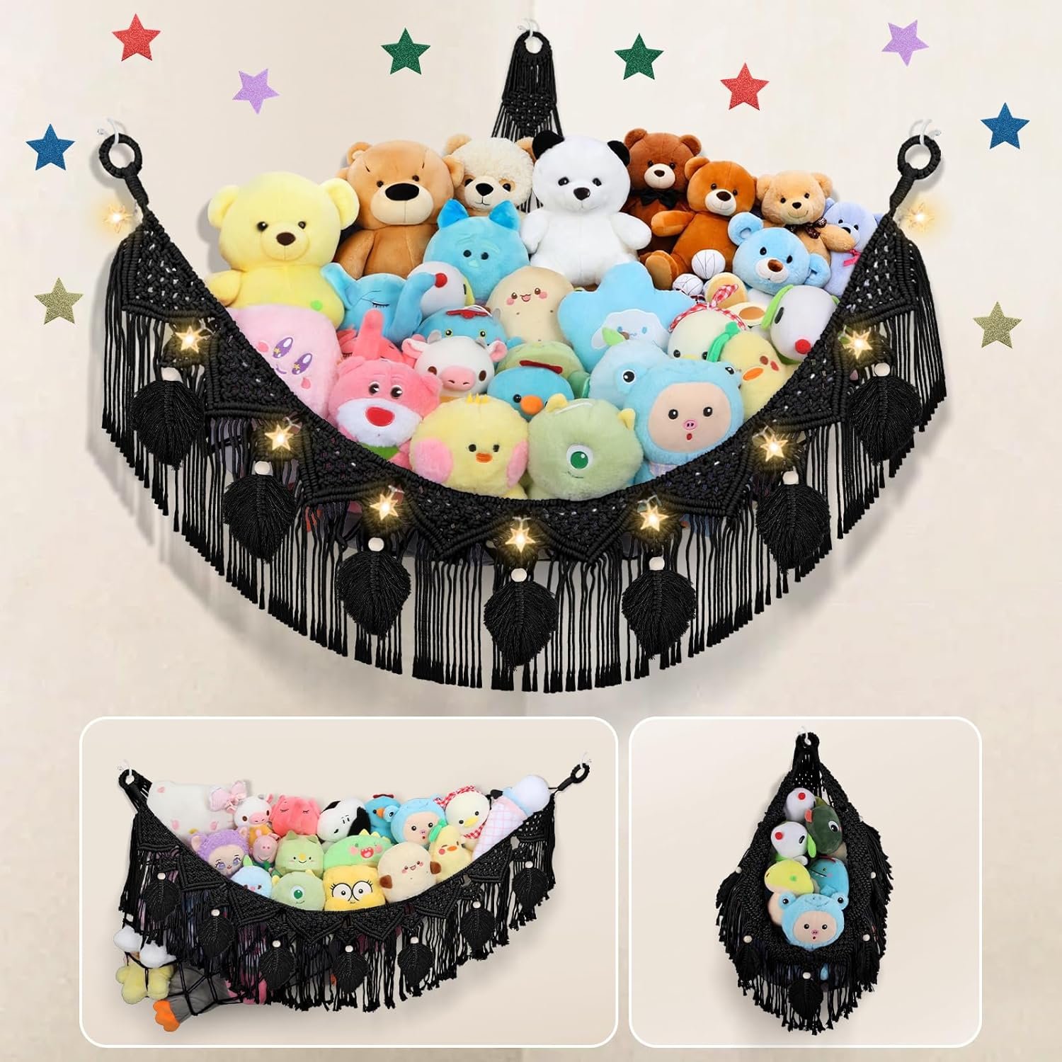 Stuffed Animal Storage Hammock Corner, 56” Large Macrame Plushie Net,Black | Boho 5mm Cotton Leaf Stuffed Animal Net for Teddy Bear,Stuff Animal Holder Toy Hammock w/Star Lights,Room Nursery Decor Gift