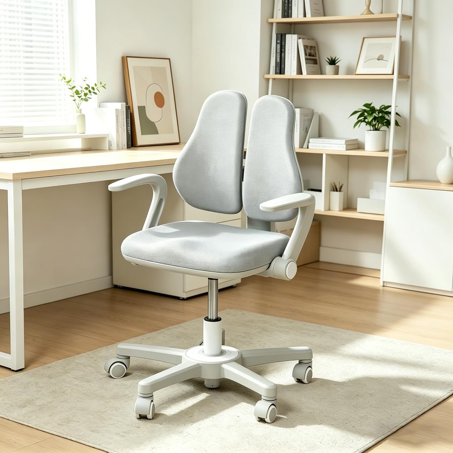 Kids Desk Chair, Ergonomic Study Chair for Kids with Lumbar Support， Adjustable Height, Flip-Up Armrests, Adjustable Backrest for Home Bedroom