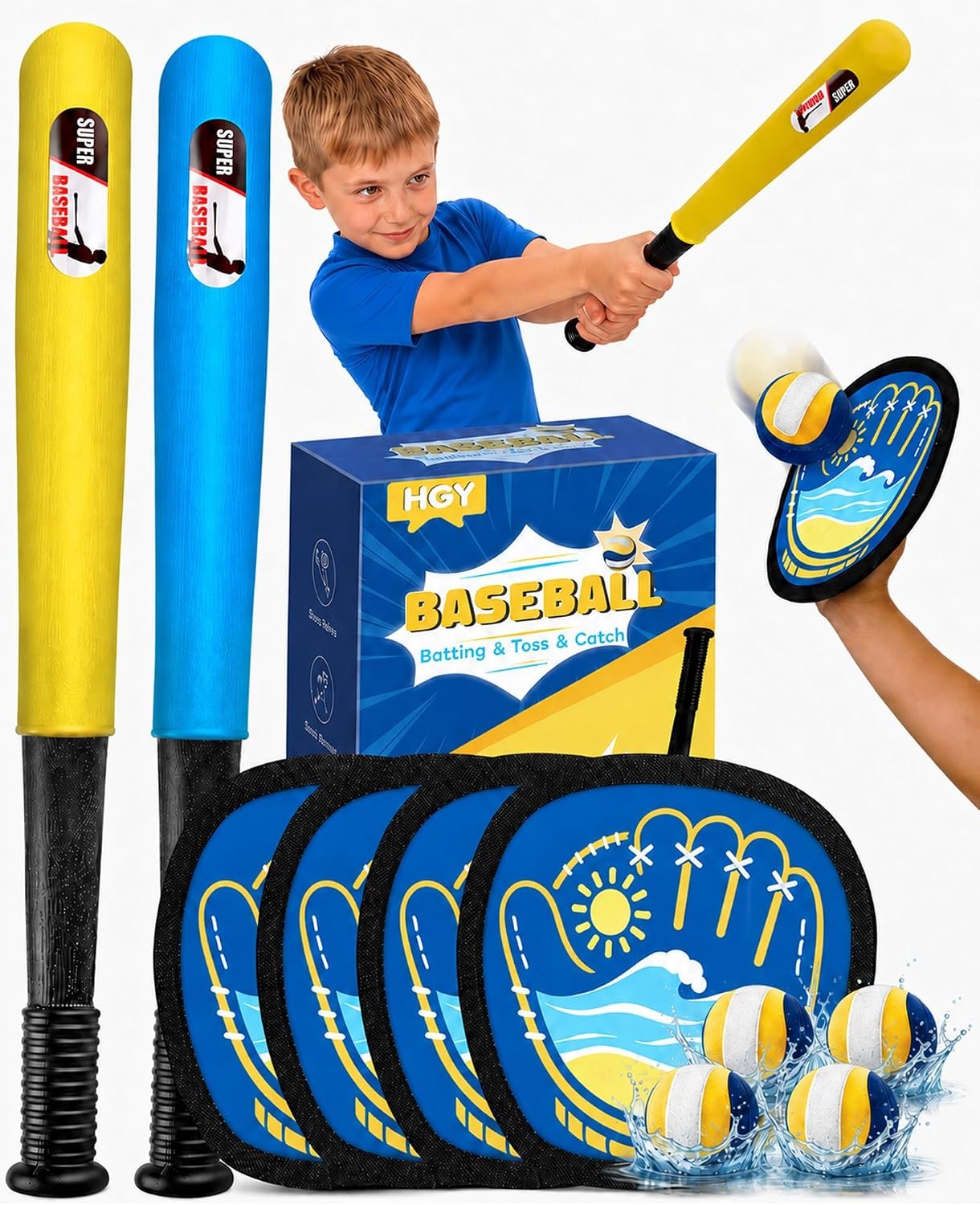 Baseball Toss and Catch for Kids, 4 Gloves, 4 Balls, 2 Bats, 1 Bag