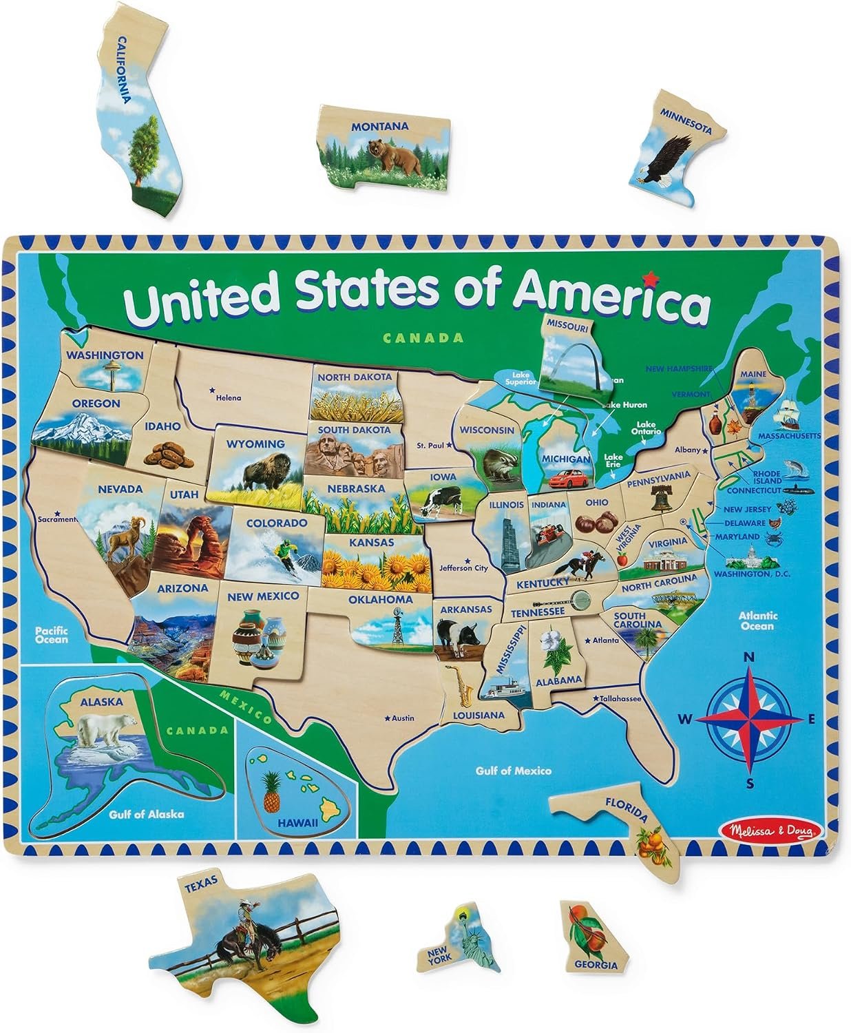 Melissa & Doug USA Map Wooden Puzzle (45 pcs) | 46 Piece Set, Wooden Puzzle Board With State Capitals, 45 State Pieces, Geography Learning Toys for Kids, Ages 5+