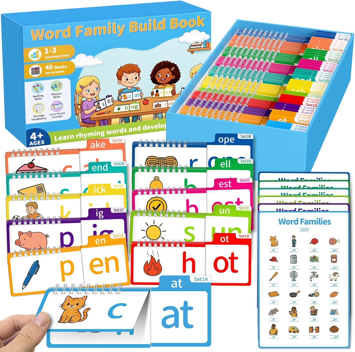 Phonics Flash Cards & Word Family Build Book Fun Kids Flip Books | 40 Phonics Flip Books & 6 review sheets help kids 3-5 master CVC words, word families & decoding via interactive play