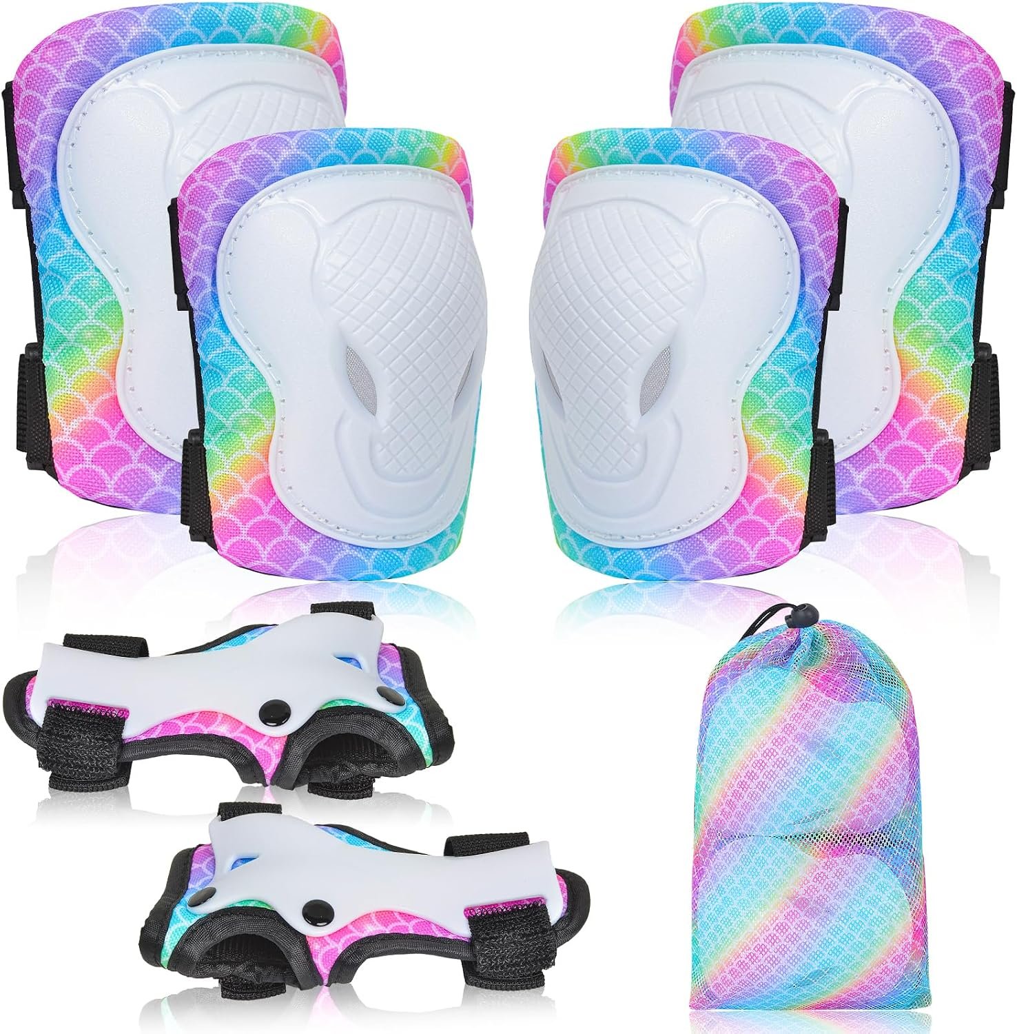 Knee Pads for Kids Adjustable Protective Gear Set with Mesh Bag Knee Pads and Elbow Pads Wrist Guard for Girls Kids Roller Skates Cycling Skateboard Scooter, 3-8 Years