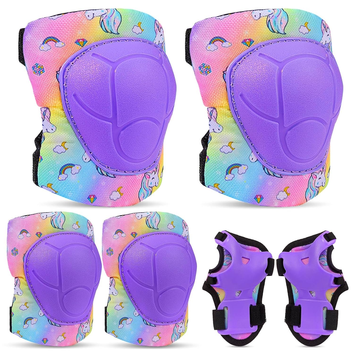 FIODAY Knee Pads for Kids, Adjustable Protective Gear Set for Girls 3-8 | Toddler Knee Pads and Elbow Pads Wrist Guard with Cute Pattern for Roller Skates Cycling Bike Skateboard Scooter