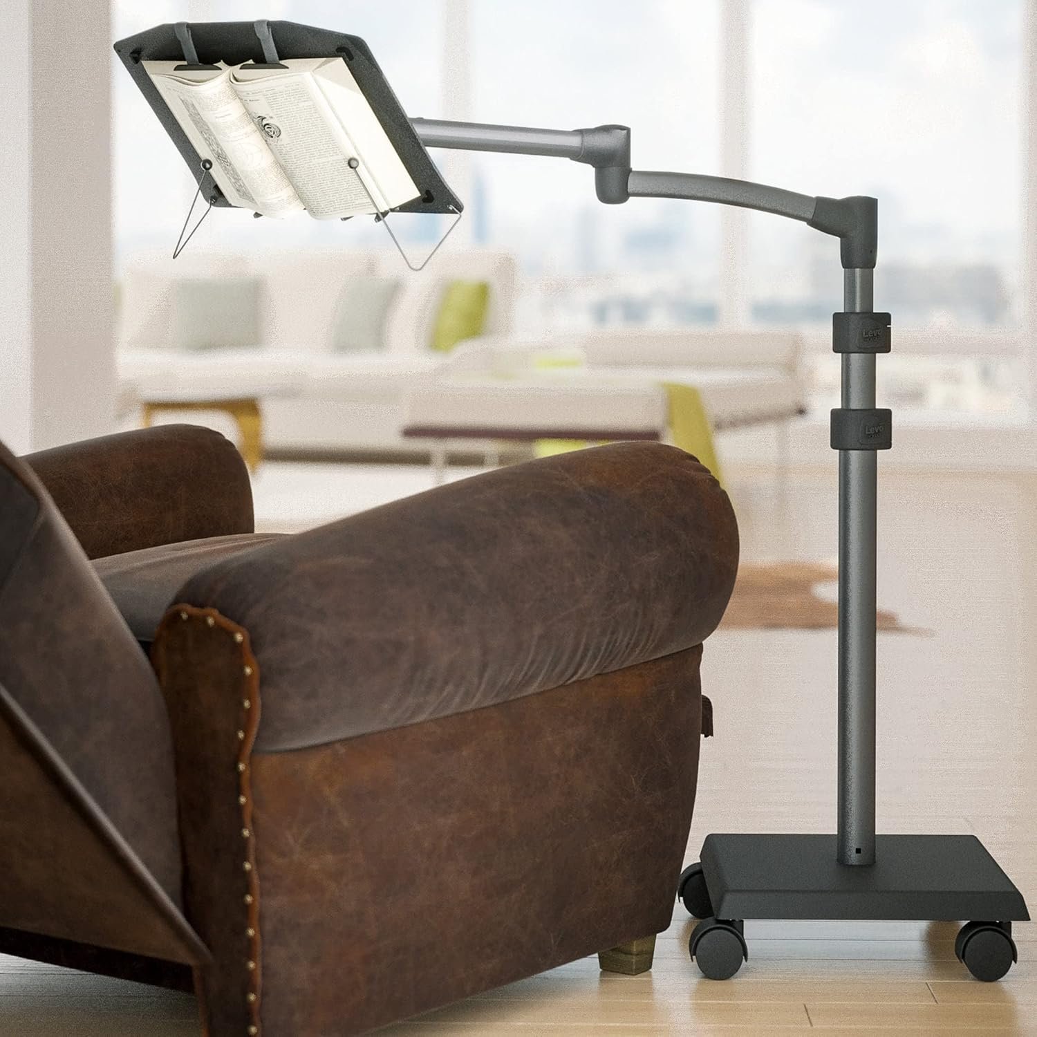 LEVO G2 Adjustable Book Floor Stand, Hands-Free Reading Holder with Wheels | Premium design, holds pages open, extends over beds, recliners or study chairs, for novels, textbooks, recipes, sheet music