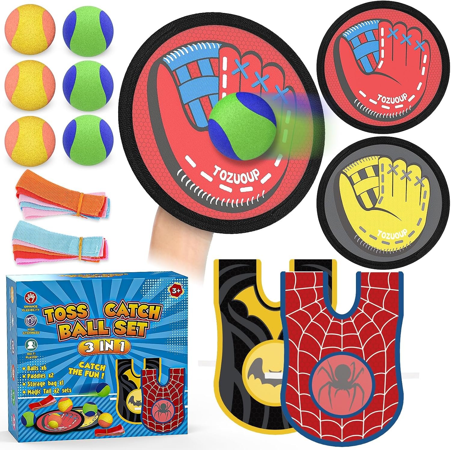 Tozuoup 3-in-1 Toss Catch Ball Game Set, Kids Baseball Glove, Beach Games Outdoor Yard Lawn Toys for Kids & Family, Birthday Gifts Toys for 3 4 5 6 7 8-12 Year Old Boys and Girls