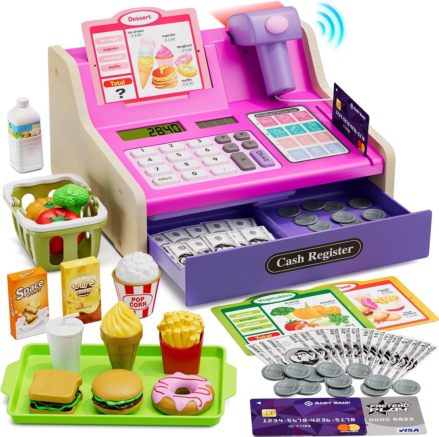 Cash Registers for Kids, Rechargeable Pretend Play Toys Pink | Supermarket & Fast Food Restaurant, Cashier Toy with Play Money, Pretend Food, Birthday Gifts for Kids Boy & Girl Age 4-8