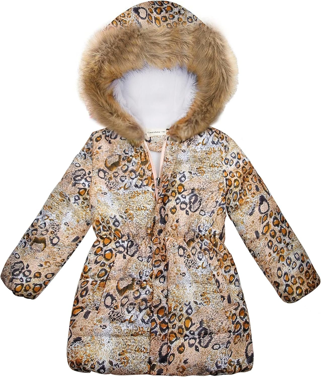 Girl’s Coat Hooded Kids Toddler Winter Flower Print Parka Outwear Warm Cotton Coat Hooded Jacket A-Light leopard 140CM