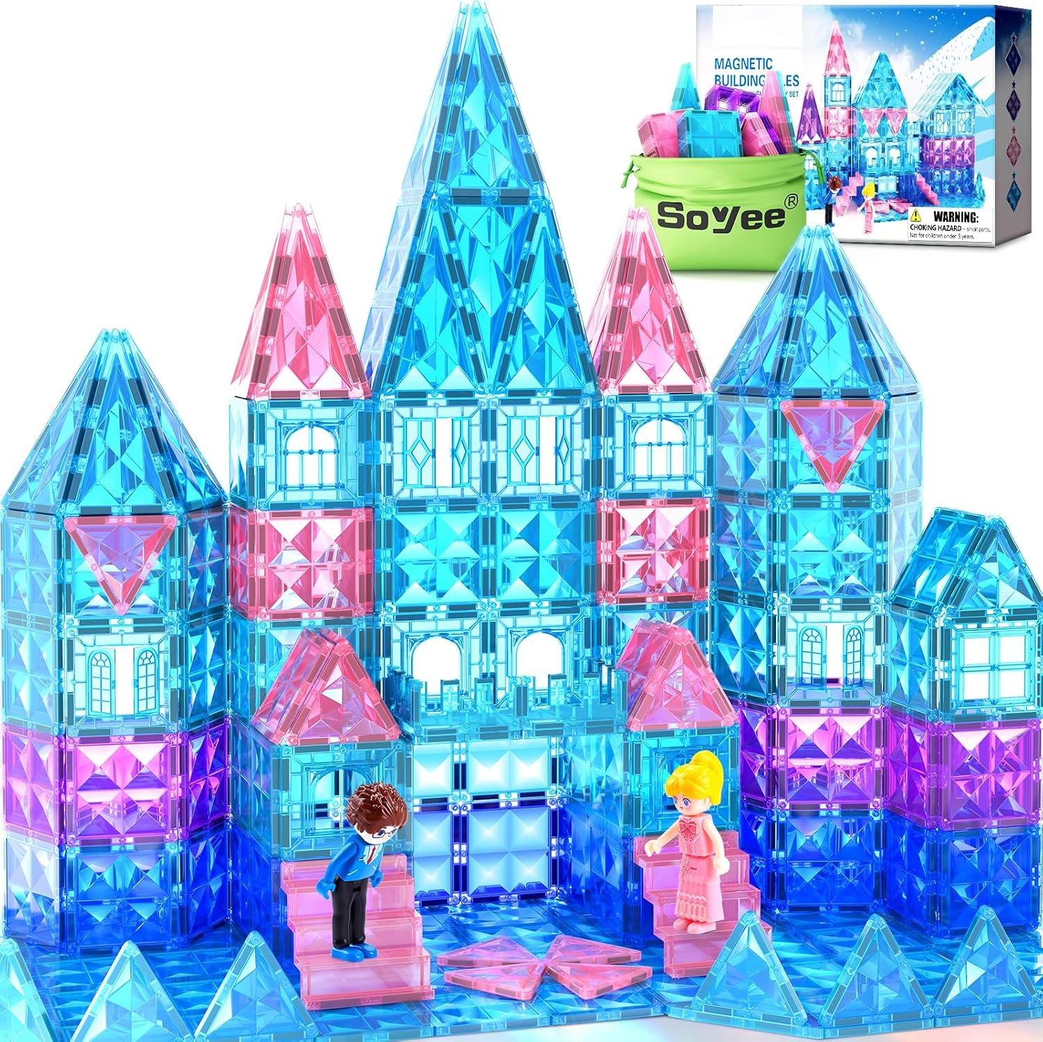 Magnetic Tiles 102pcs with 2 Stairs 2 Dolls Princess Castle Building Toys | Girls Toys Age 4-5 6-8 Magnetic Blocks Birthday Xmas Gifts Girls Toys for 3 4 5 6 7 8+ Year Old