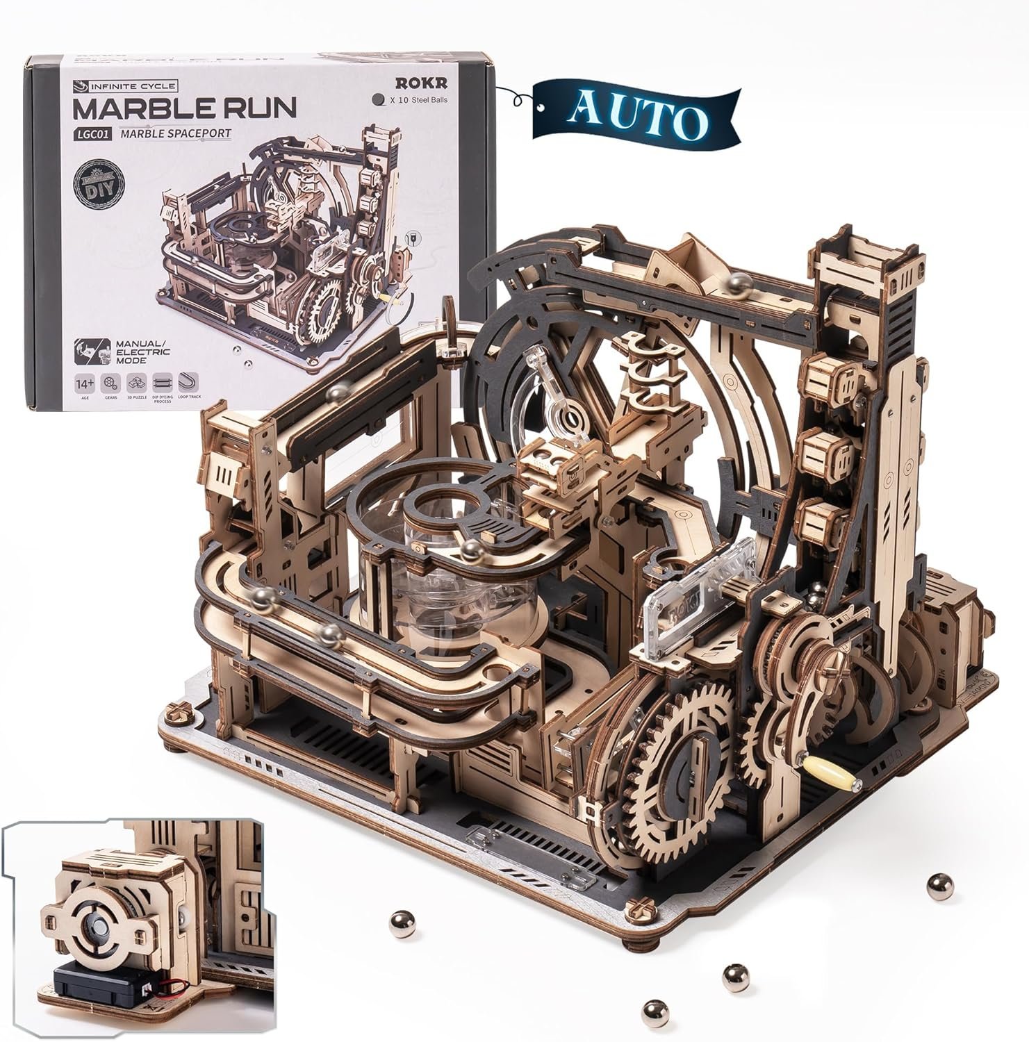ROKR 3D Puzzles for Adults, Electric Model Kits Marble Spaceport LGC01, 472pcs Marble Run Brain Teaser Wooden Puzzles Building Toy, Desk Decor Creative Birthday Gifts for Men/Women 14+