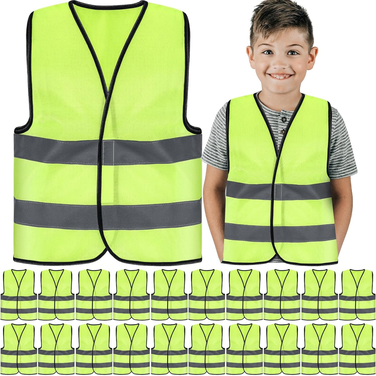 Zhanmai 20 Pcs Kids Safety Vest Bulk High Visibility Reflective Construction Vest with Strips Neon for Traffic Child Outdoor (Yellow)