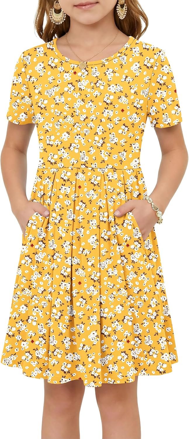 Girls Summer Short Sleeve Dress Kid Crew Neck Dress with Pockets 5-16 Years | Casual pleated cute dress, Loose A line swing knee length dress, two side pockets, Perfect for school and beach