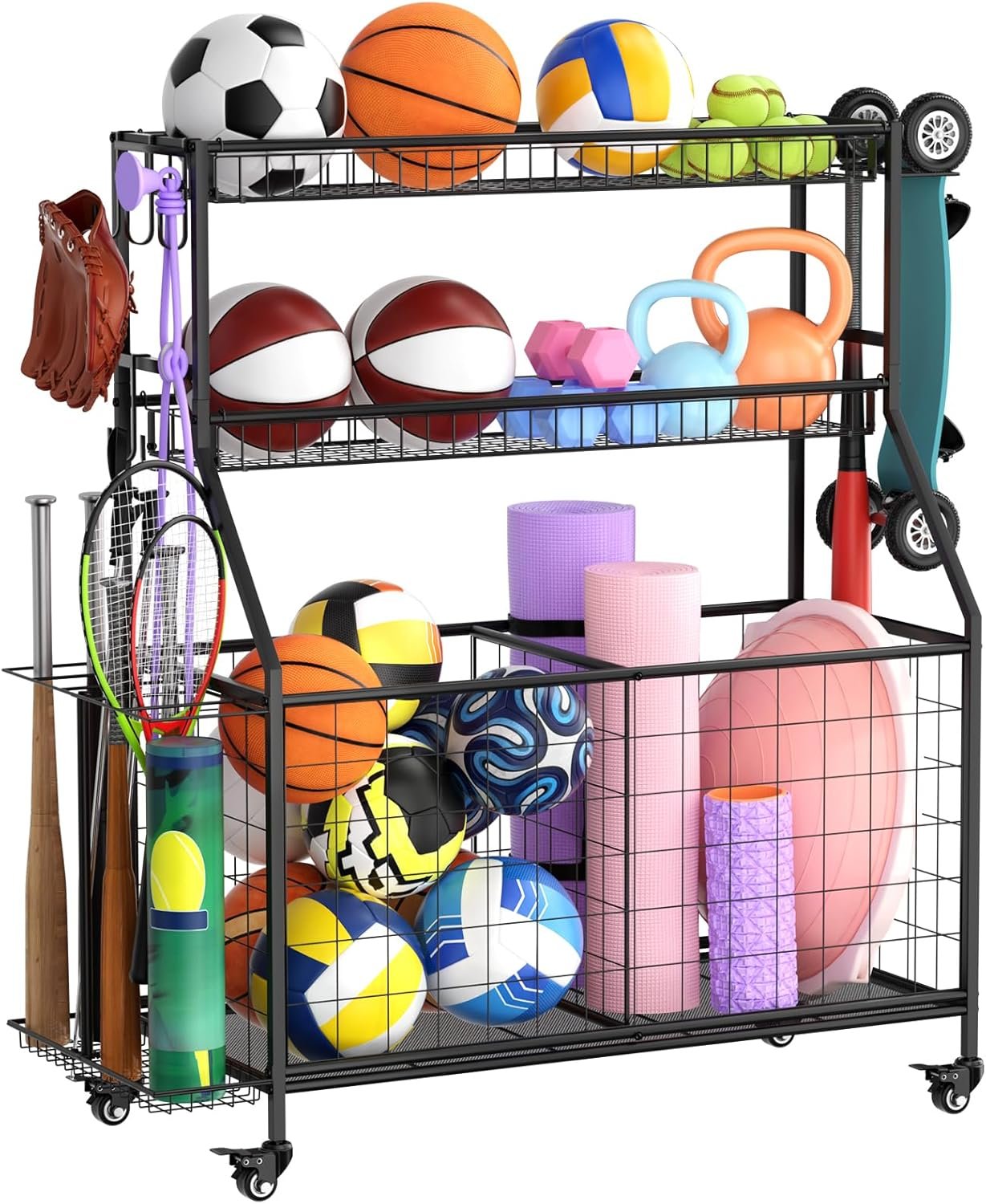 Sports Equipment Garage Organizer – Heavy Duty Garage Organization Ball Storage Rack with Basket, Hooks and Rolling Cart for Sports Gear and Toy Storage, Indoor/Outdoor Use, Black