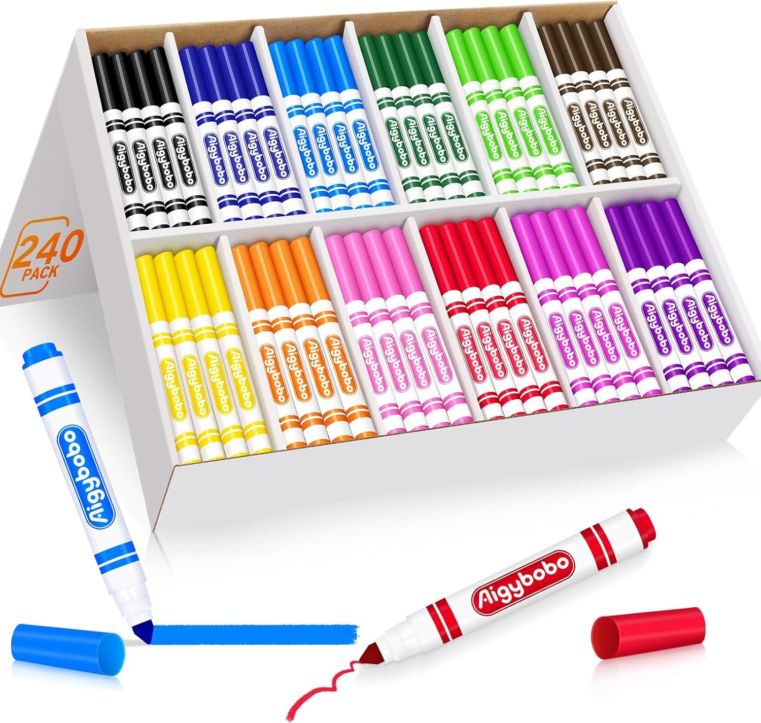Aigybobo 240 Count Washable Markers Bulk, 12 Assorted Colors, Broad Line Conical Tip Coloring Marker for Kids, Markers Bulk Pack for Classroom, School Art Supplies & Back to School Supplies