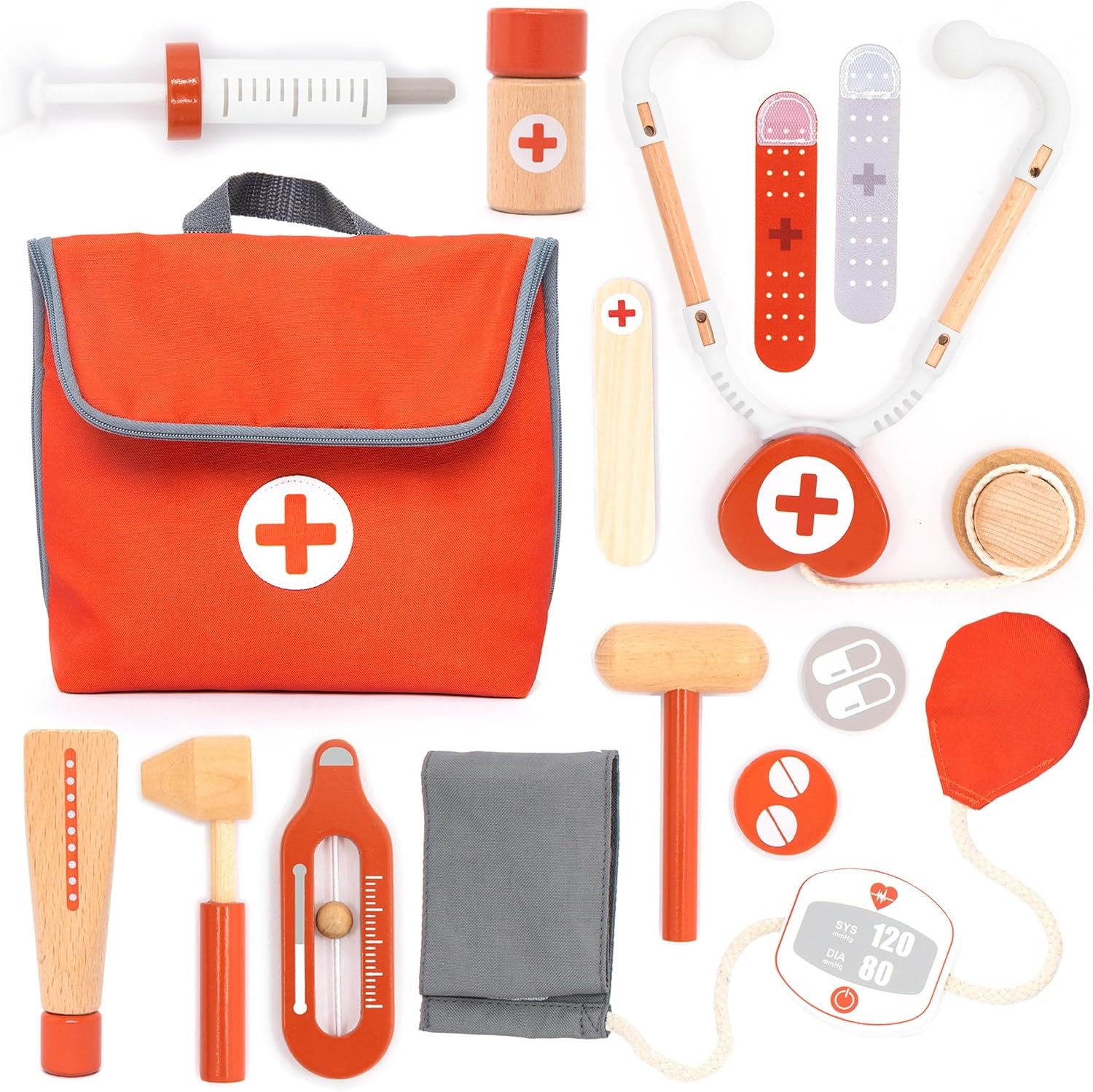 UMU® Wooden Mini Doctor Kit for Kids – 14 pcs Medical Playset for Toddlers with Stethoscope, Syringe, Doctor Bag, Blood Pressure Cuff & More – Pretend Play Set for Boys and Girls Ages 3 4 5 6