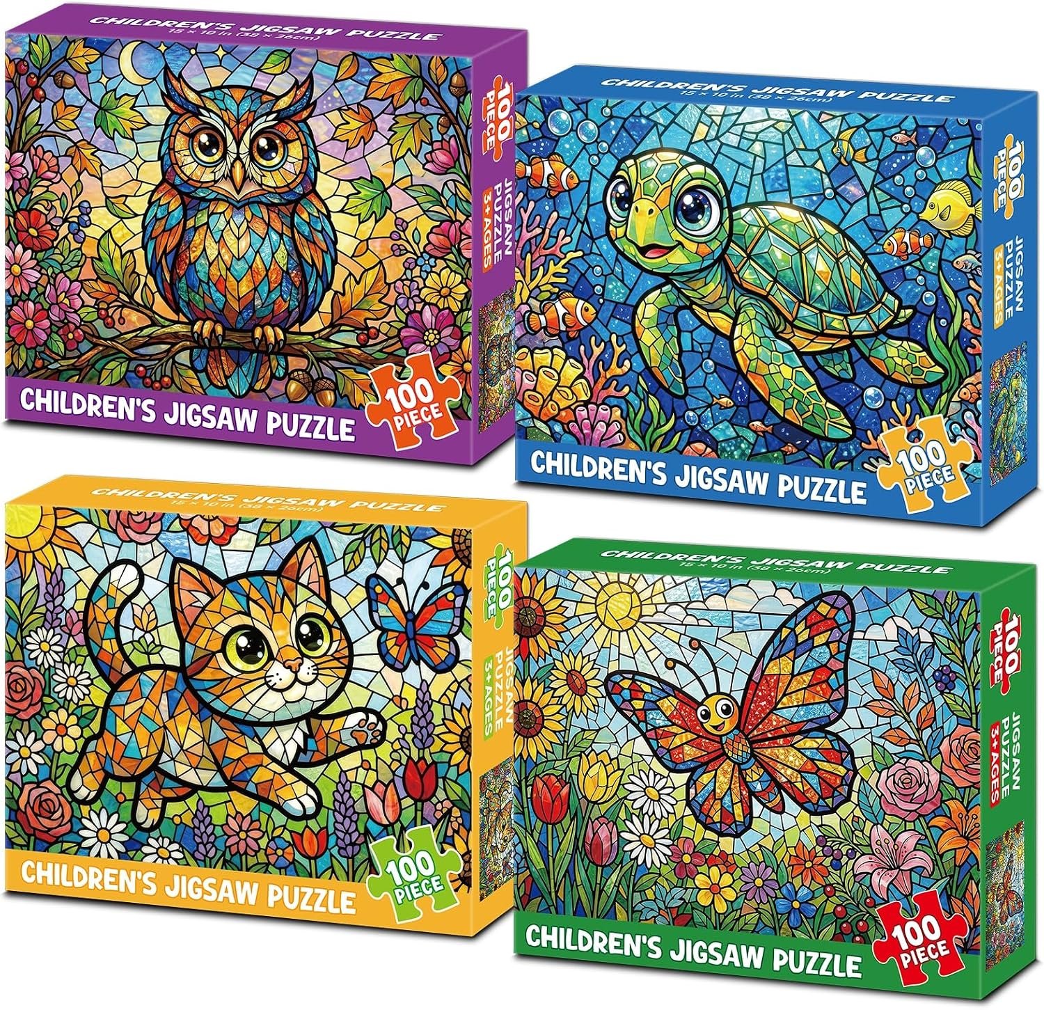 4-Pack 100 Piece Puzzles for Kids Ages 4-8 6-8 8-10, Cat Turtle Kids Puzzles Ages 4-6 5-8 8-10, Butterfly Owl Stained Glass Animal Puzzle 100 Pieces, Kids Jigsaw Puzzles Gifts for Girls Boys (15x10in)
