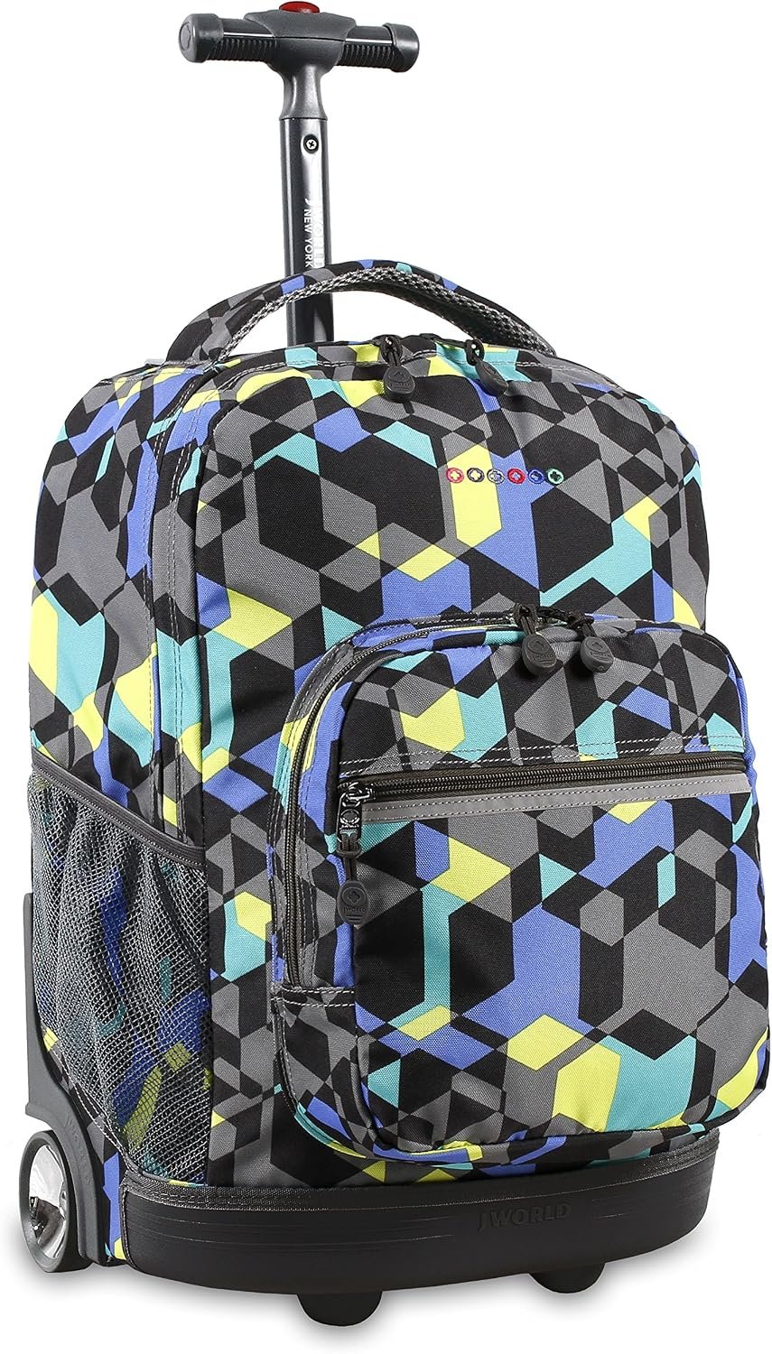 J World Sunrise Kids Rolling Backpack with Wheels for Girls Boys, Roller Bookbag for School, 18 x 13 x 9 Inches, Cubes