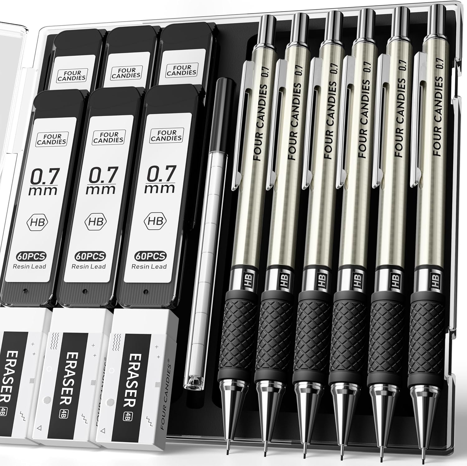 Metal Mechanical Pencil Set with Case, 6-Pack 0.7mm Medium Point | 360 Leads, 12 Erasers, Non-Slip Grips, For School Writing, Sketching, Art Drawing & Professional Drafting