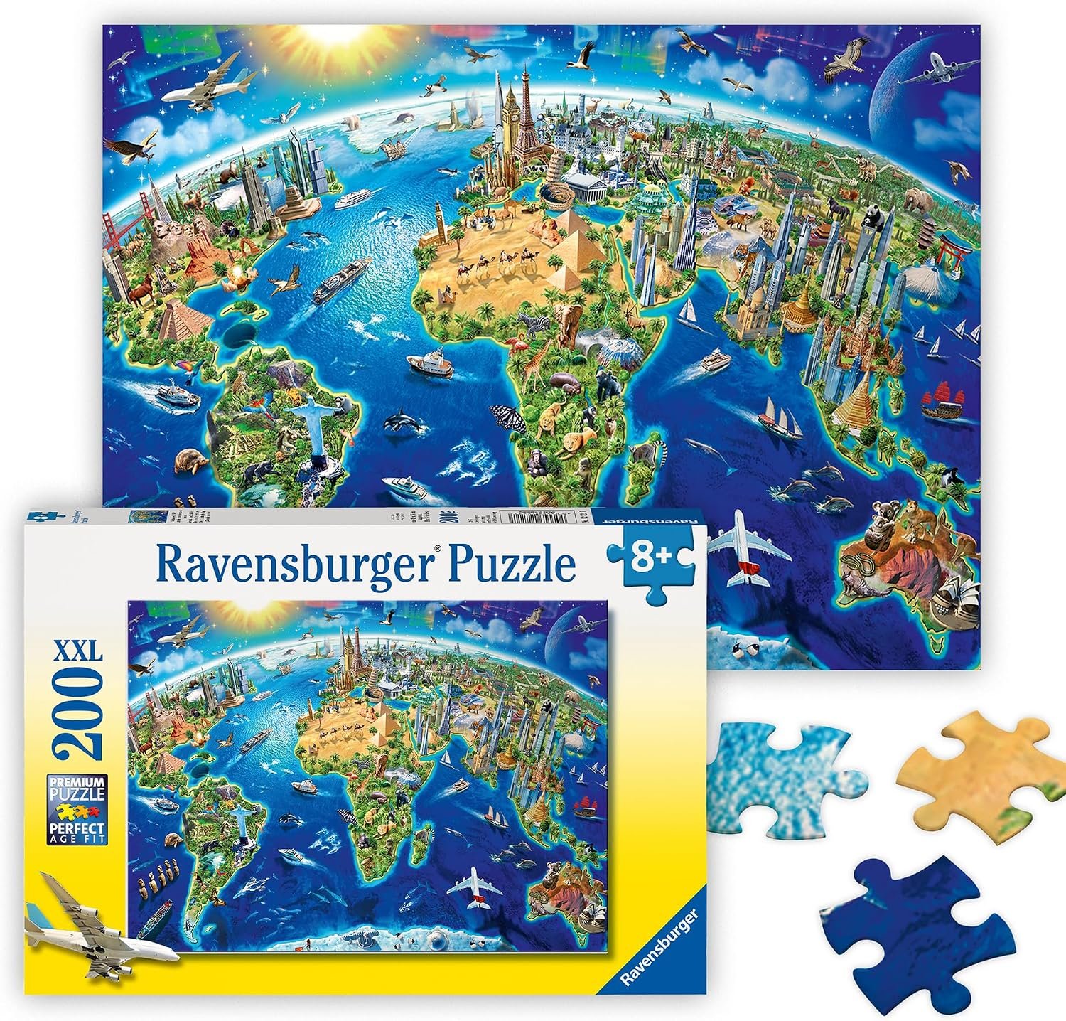 Ravensburger – World Landmarks Map – 200 Piece Jigsaw Puzzle – Stunning Imagery of Amazing Landmarks of The World – Vibrant Colors – Premium Quality – Ideal Gift – Screen-Free Fun – Children Ages 8+