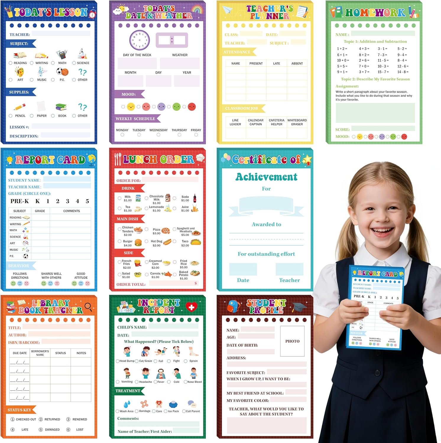 TICIAGA Kids Pretend Play Notepads – 10PCS 4×6 In Playtime Pad Included Today’s Lesson Homework Report Card Notepad 30 Page Pretend Notebook Imaginative Role for Toddler Kid Play Game, School Teacher