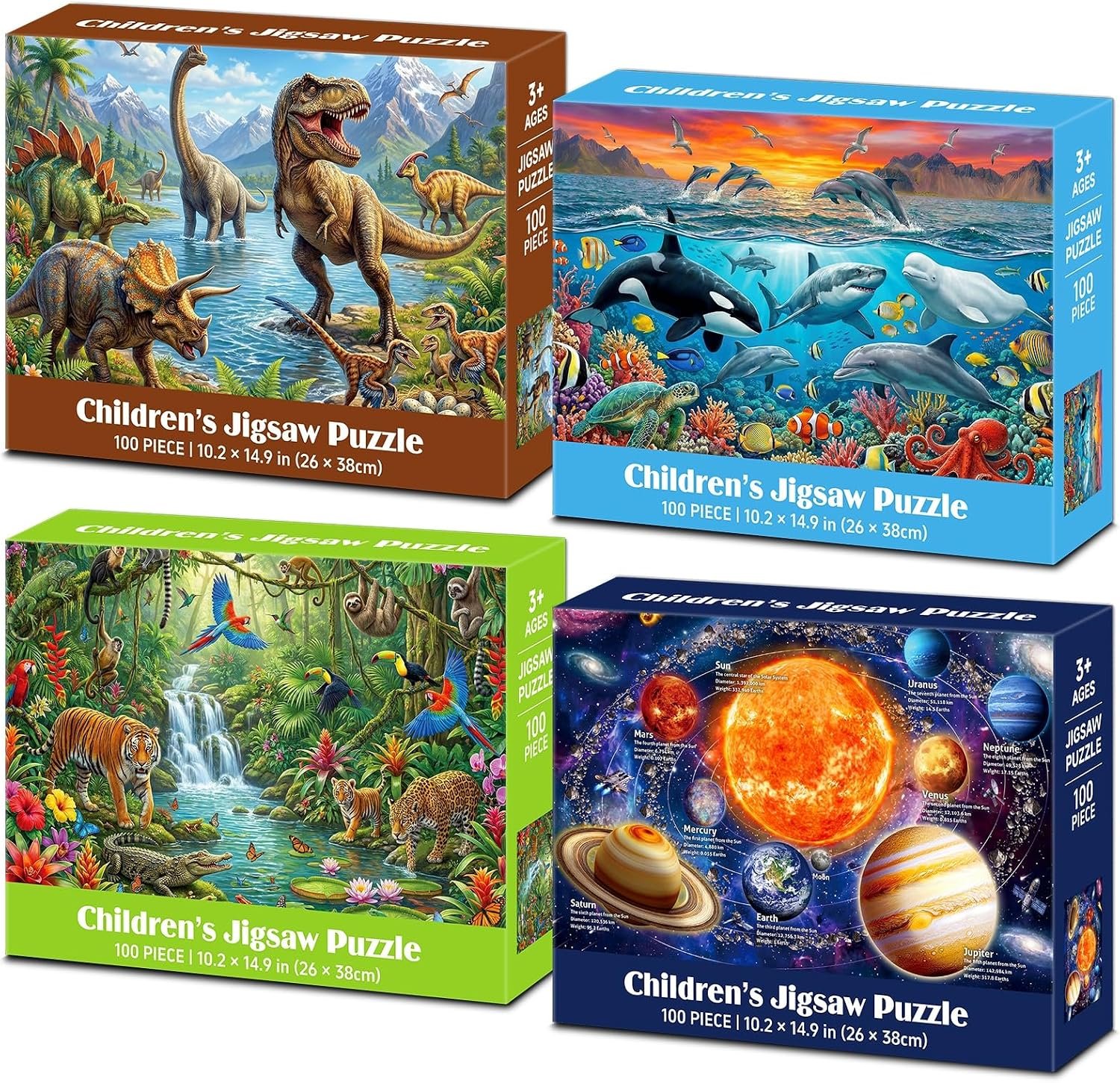 4 Packs 100 Piece Puzzles for Kids Ages 4-6 6-8 8-10, Dinosaurs Seaworld Wildlife Kids Puzzles Ages 4-6 5-8 8-10, Solar System Space Planet Puzzle 100 Pieces, Kids Jigsaw Puzzles Gifts 15×10 in