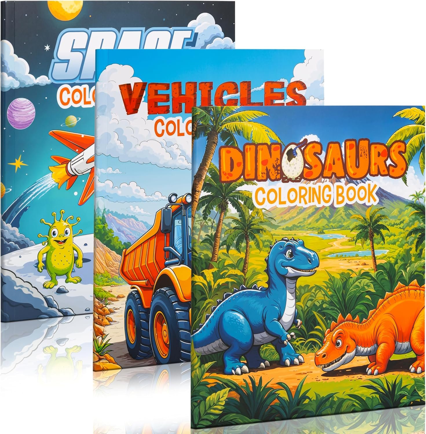 ZICOTO Fun Coloring Books for Kids Set of 3 – Dinosaur, Space & Trucks | Exciting Coloring Book for Boys Ages 4-8 – Easy to Color Gift for Travel with Cute Themes for Your Little Toddler 1-3
