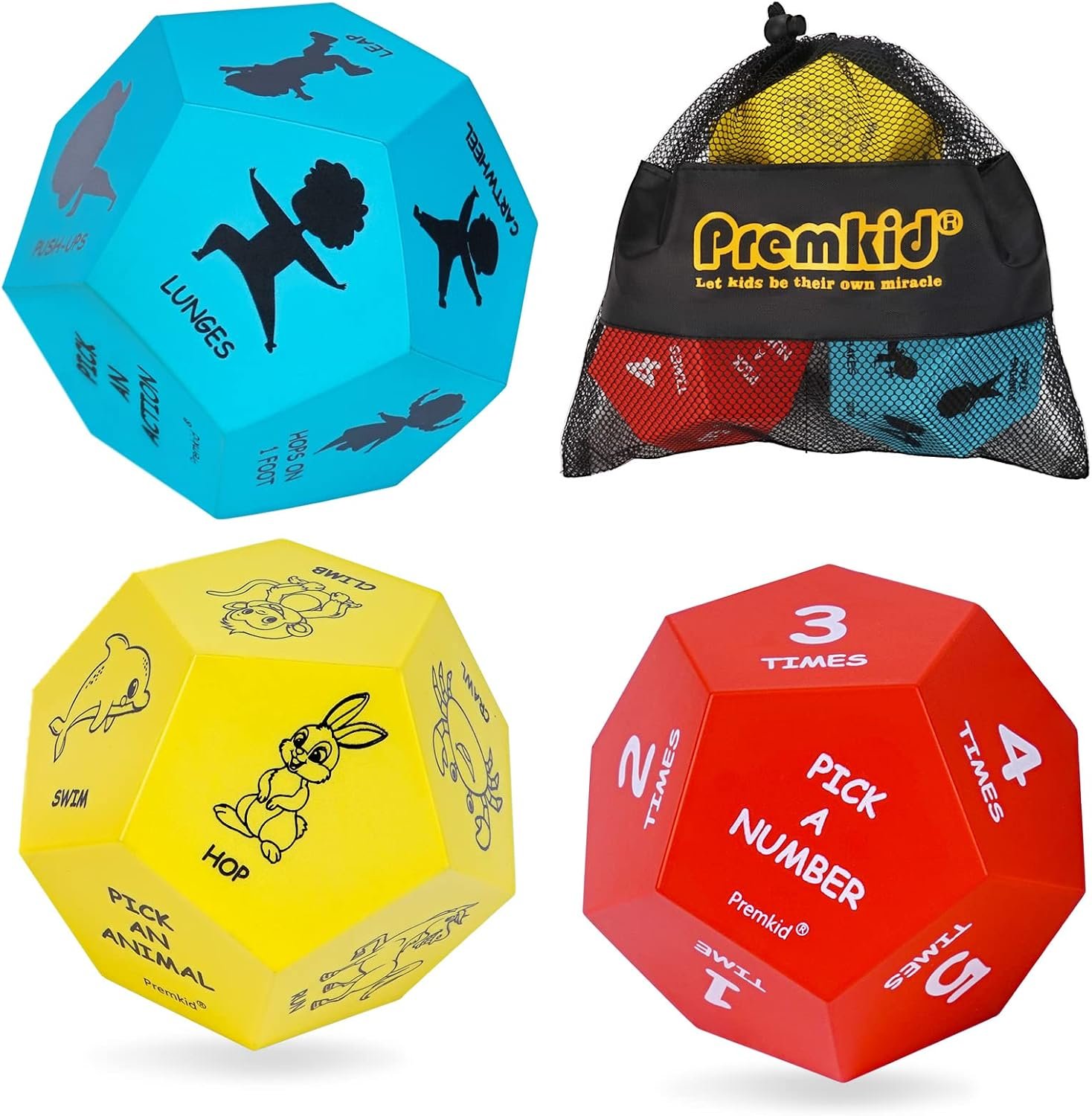 Exercise Dice Set for Kids with 3 12-Sided Foam Dice for PE Games