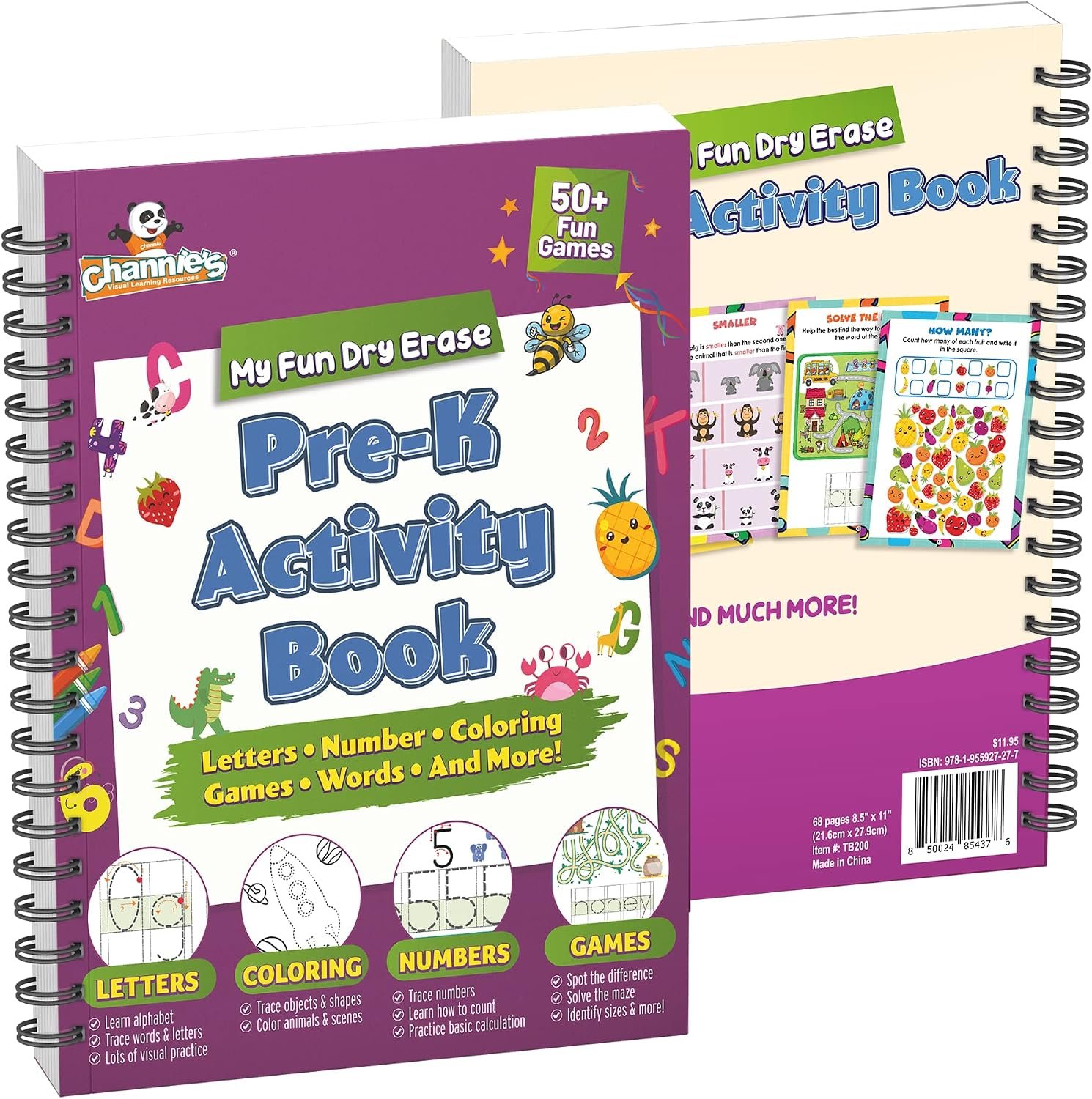 Channie’s Pre-K Dry Erase Activity Book, Preschool Workbook with Fun Educational Learning Activities for Kids, Ages 3-5, 50+ Games, Colors, Letter-Tracing, Counting, Mazes, and More!