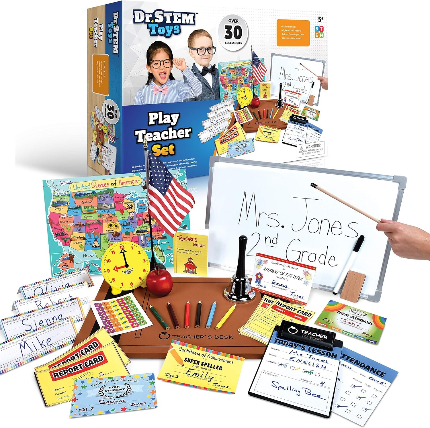 Dr. STEM Toys – Play Teacher Role-Play Set Includes Reusable White Board, Bell, Report Cards, for Home or Classroom, Over 30 Pieces Included, Gift for Kids, Complete Set